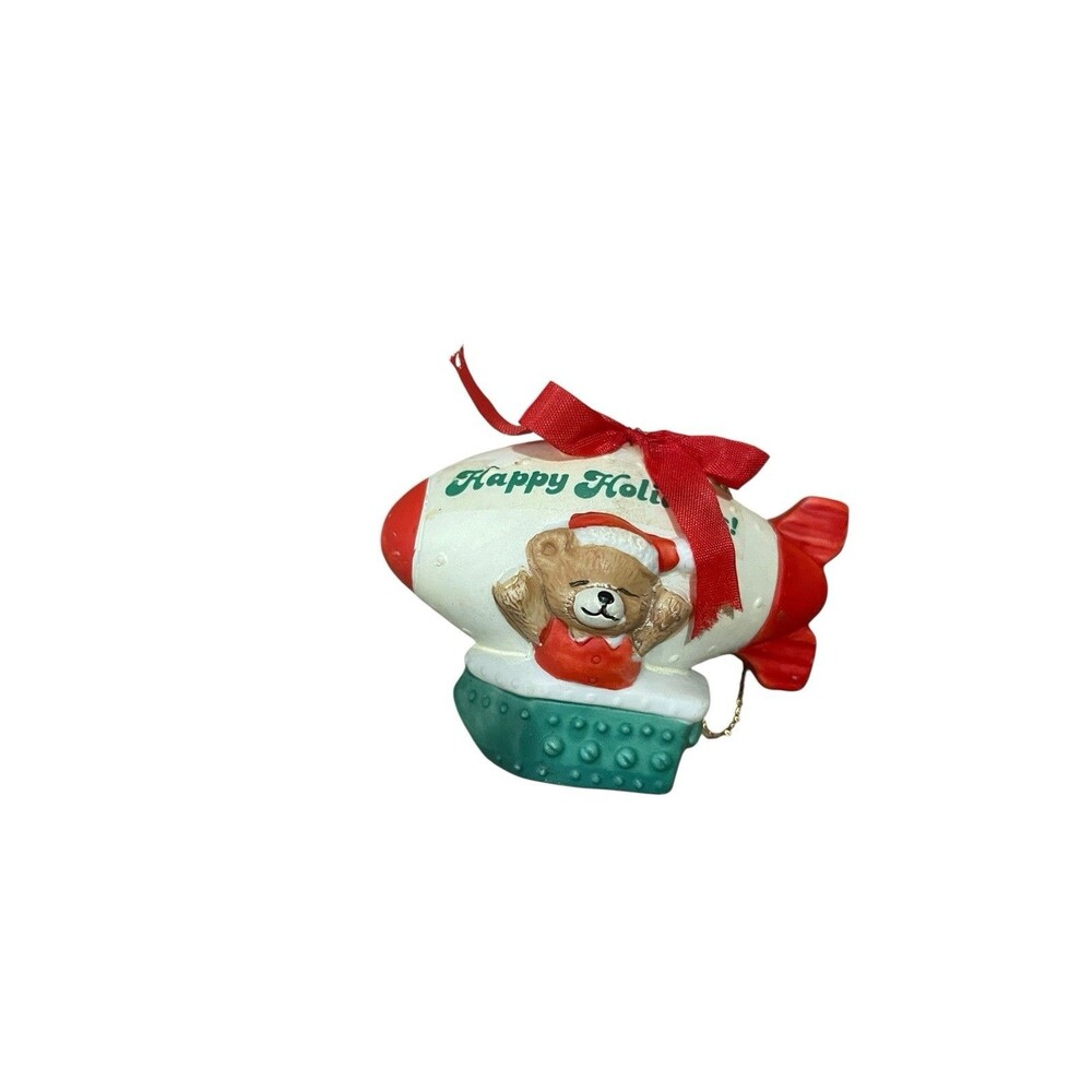 Vintage Christmas Ornament Blimp Teddy Bear Happy Holidays Red Green Retro Cute